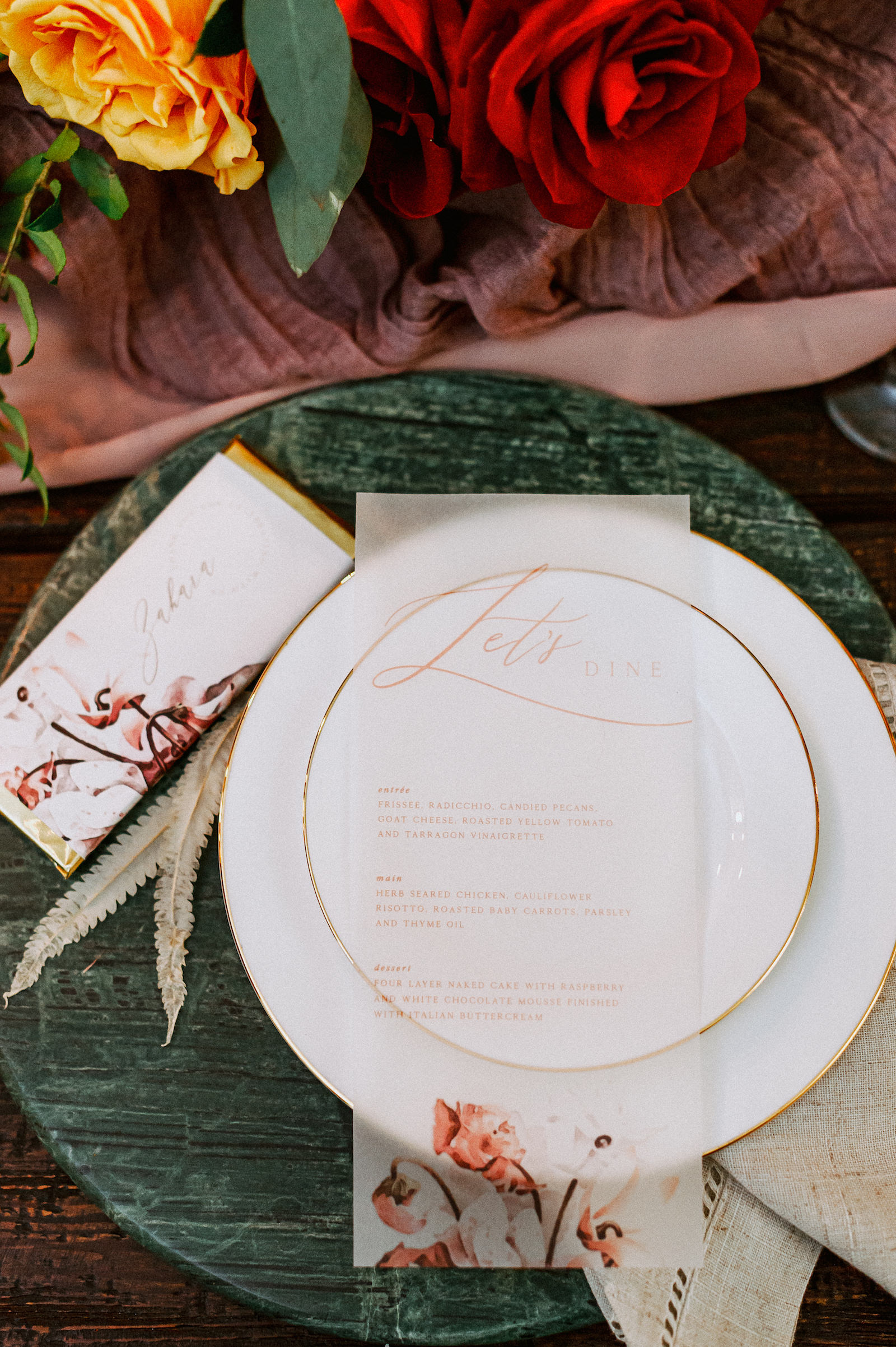 Vintage European Wedding Decor, White and Gold Rimmed China, Jade Marble Charger, Floral and Vellum Menu Stationery | Tampa Bay Wedding Photographer Dewitt for Love