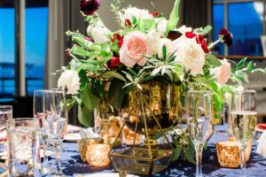 Elegant Navy Wedding Decor, Gold Mercury Vase with White Red, and Blush Pink Roses, Purple Flowers, Greenery Flower Centerpiece, Gold Geometric Figure, Candles | Tampa Bay Wedding Florist Botanica