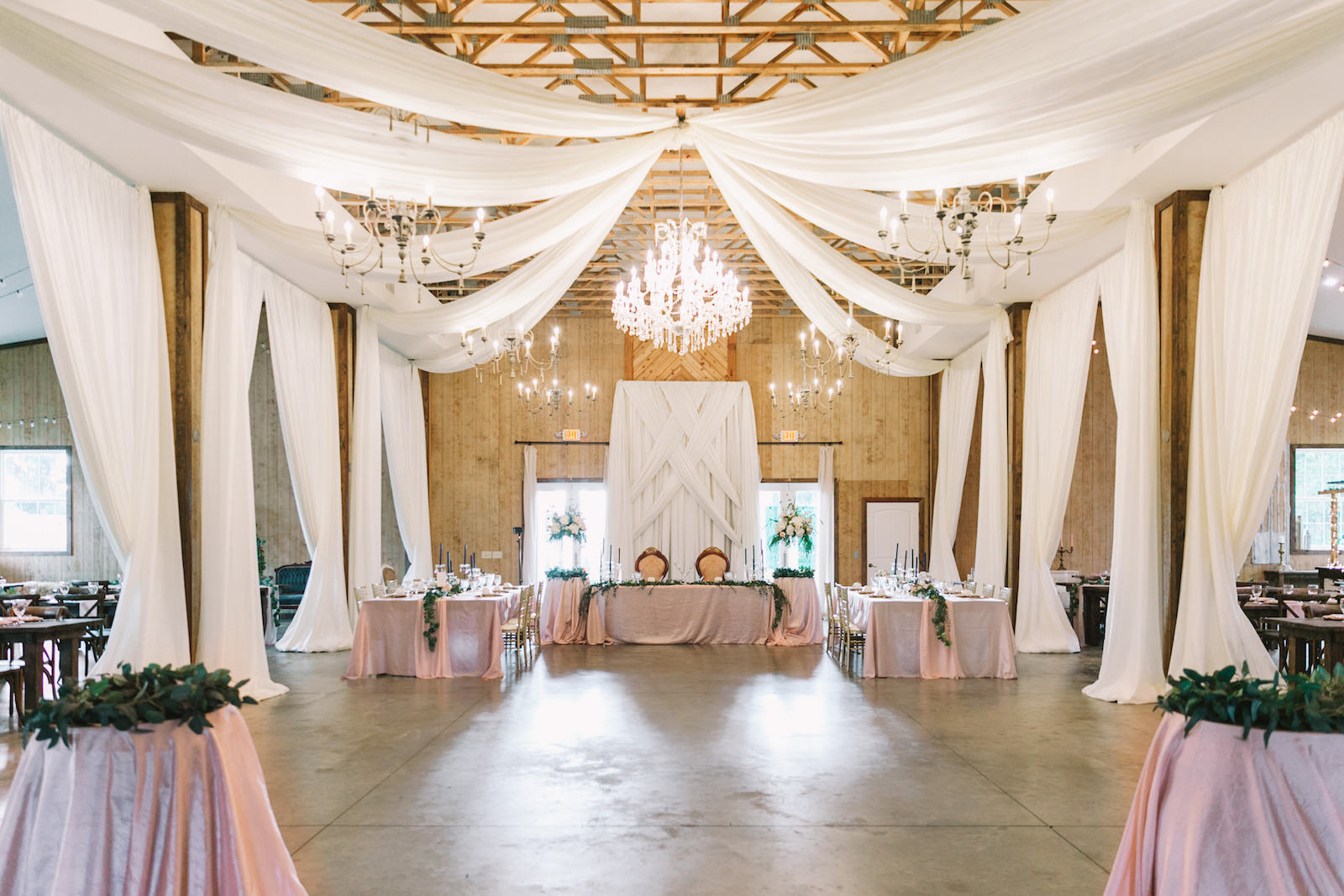 Barn Wedding with Blush Tablecloths and White Draping | Tampa Florida Reception Hall Covington Farms