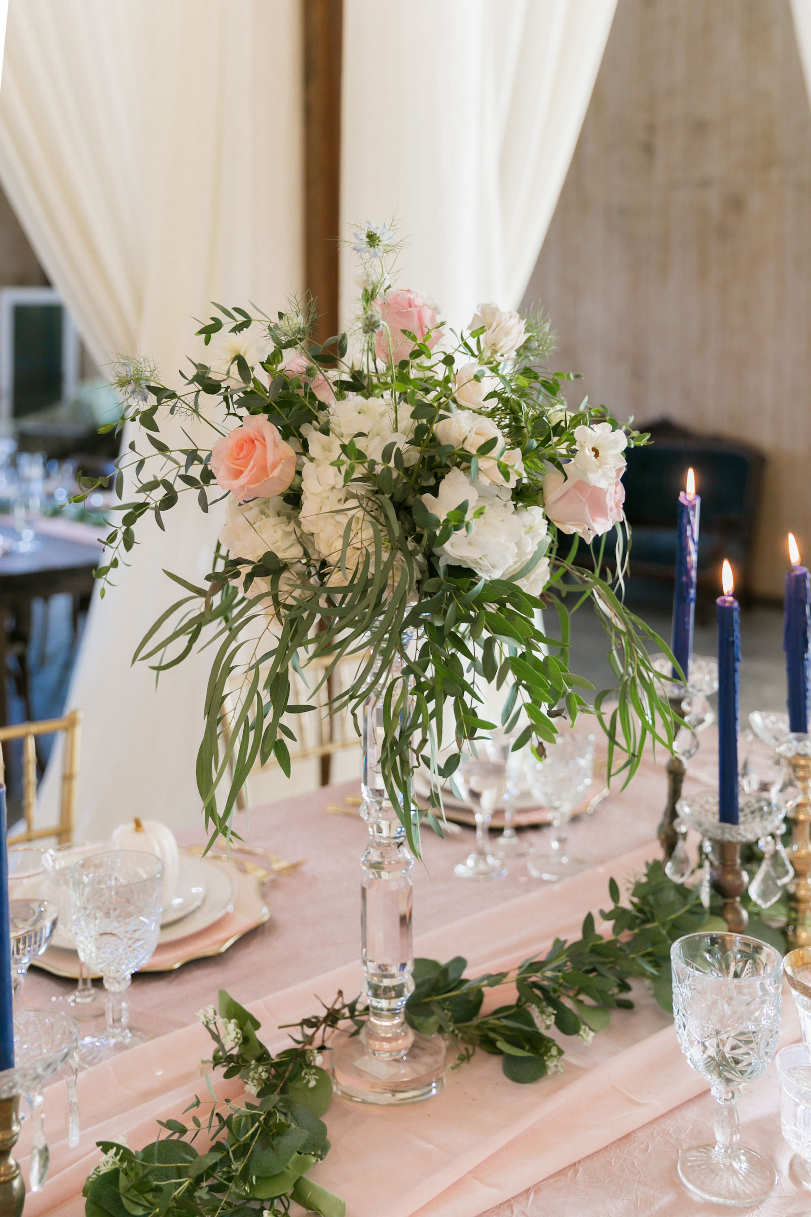 Blush and White Floral Centerpieces with Greenery and Navy Candles