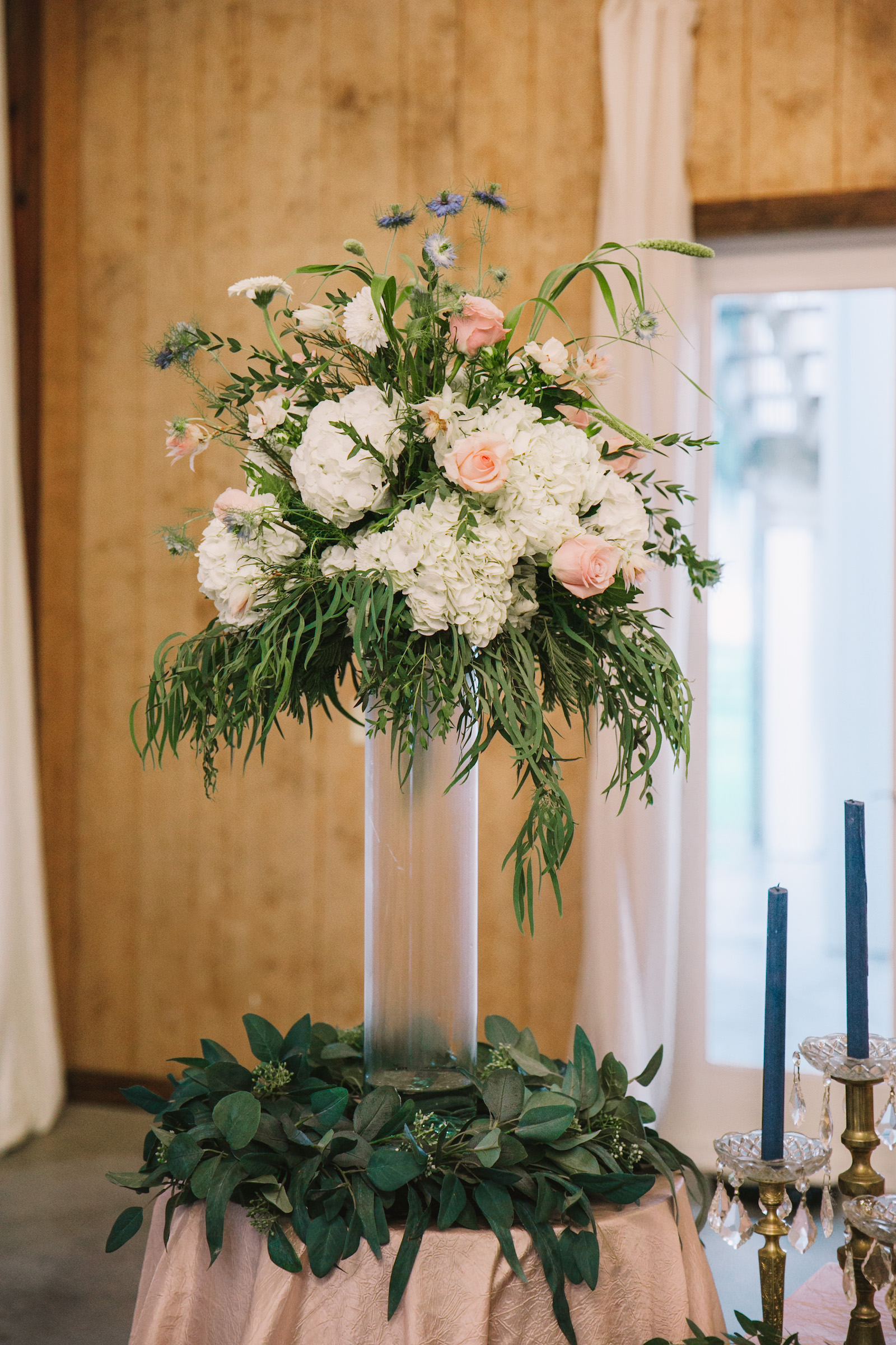 Tall Blush and White Floral Centerpieces with Greenery and Navy Candles