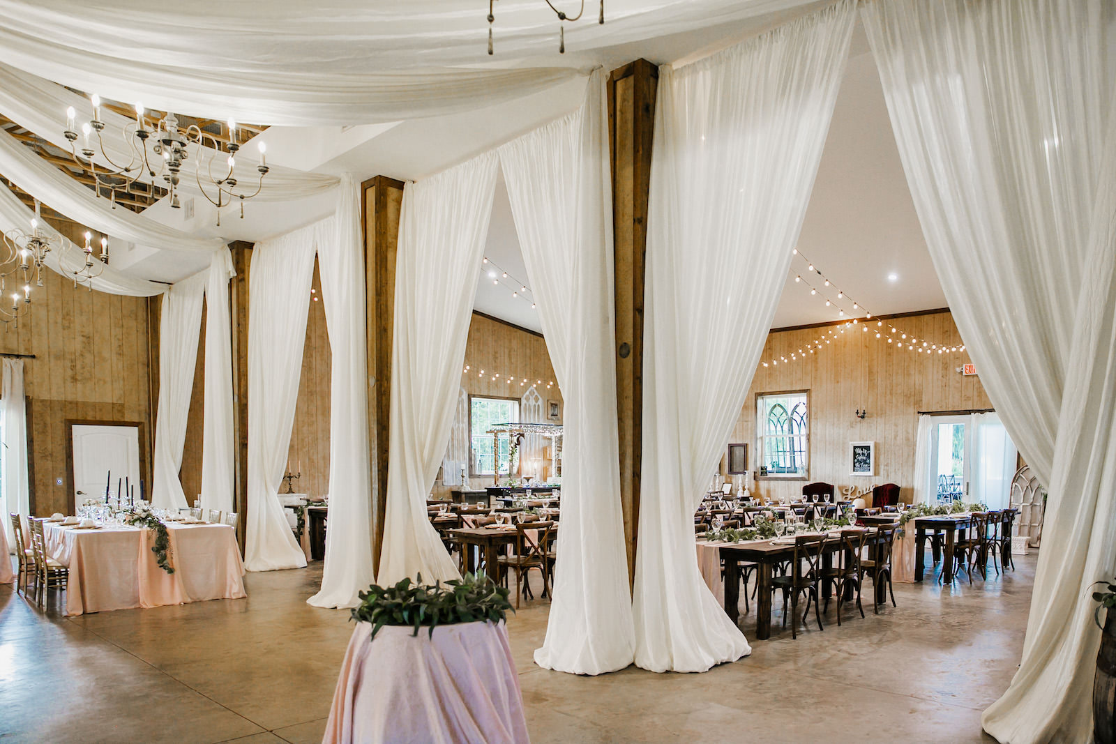 White Draping in Rustic Barn Wedding Reception | Tampa Florida Venue Covington Farms