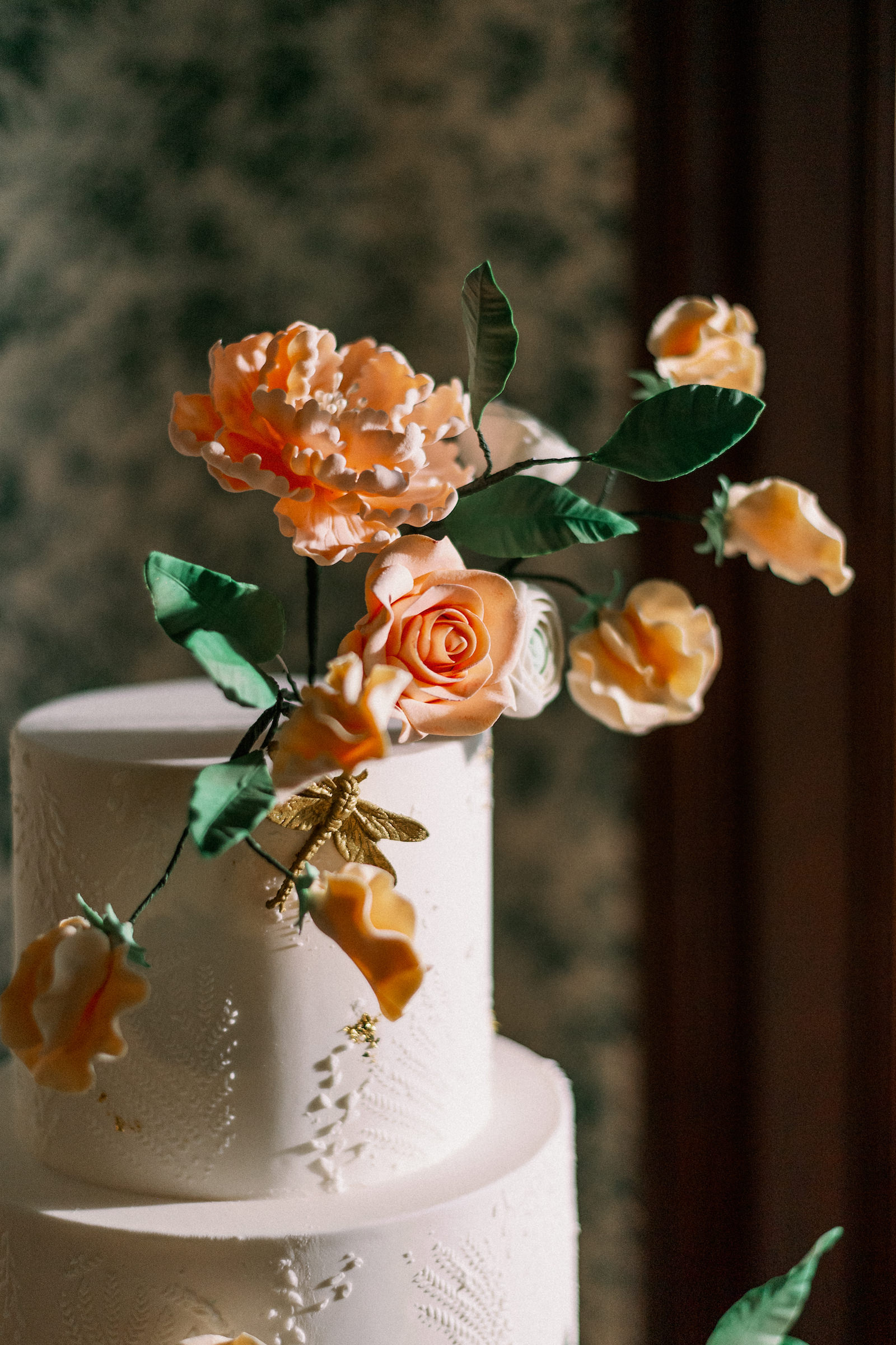 Vintage European Wedding, Three Tier White Wedding Cake with Yellow and Orange Sugar Flowers | Tampa Bay Wedding Photographer Dewitt for Love