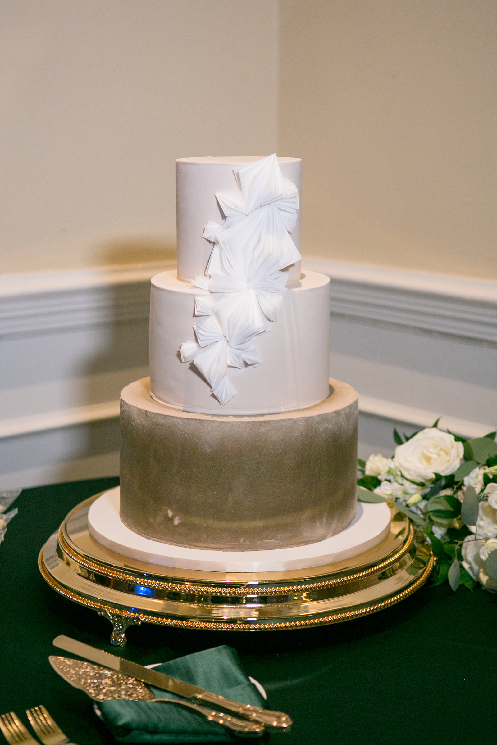 Green and Gold Wedding Reception Decor, Two Tier White and Gold Wedding Cake with White Sugar Flowers | Tampa Bay Wedding Photographer Carrie Wildes Photography