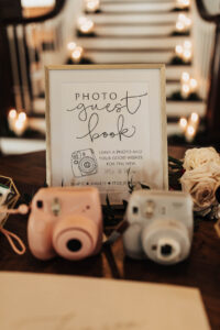Warm Romantic Neutral Wedding Decor, Custom Linen Guest Book, Polaroid Cameras | Tampa Bay Wedding Planner Coastal Coordinating