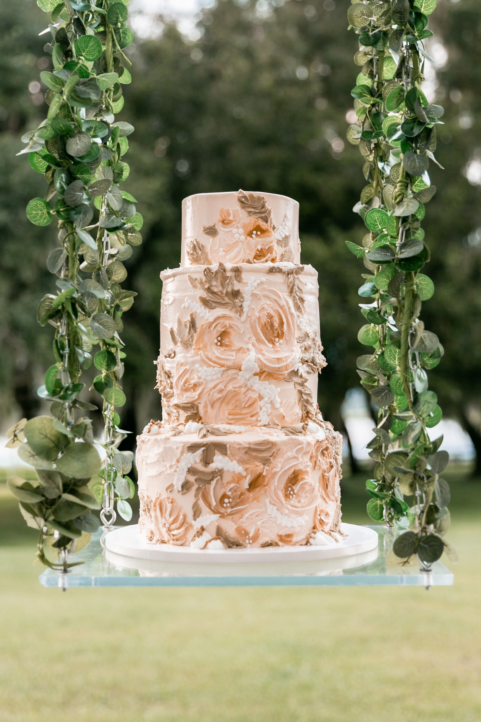 Rustic Pink and Gold Three Tier Wedding Cake with Floral Detailing
