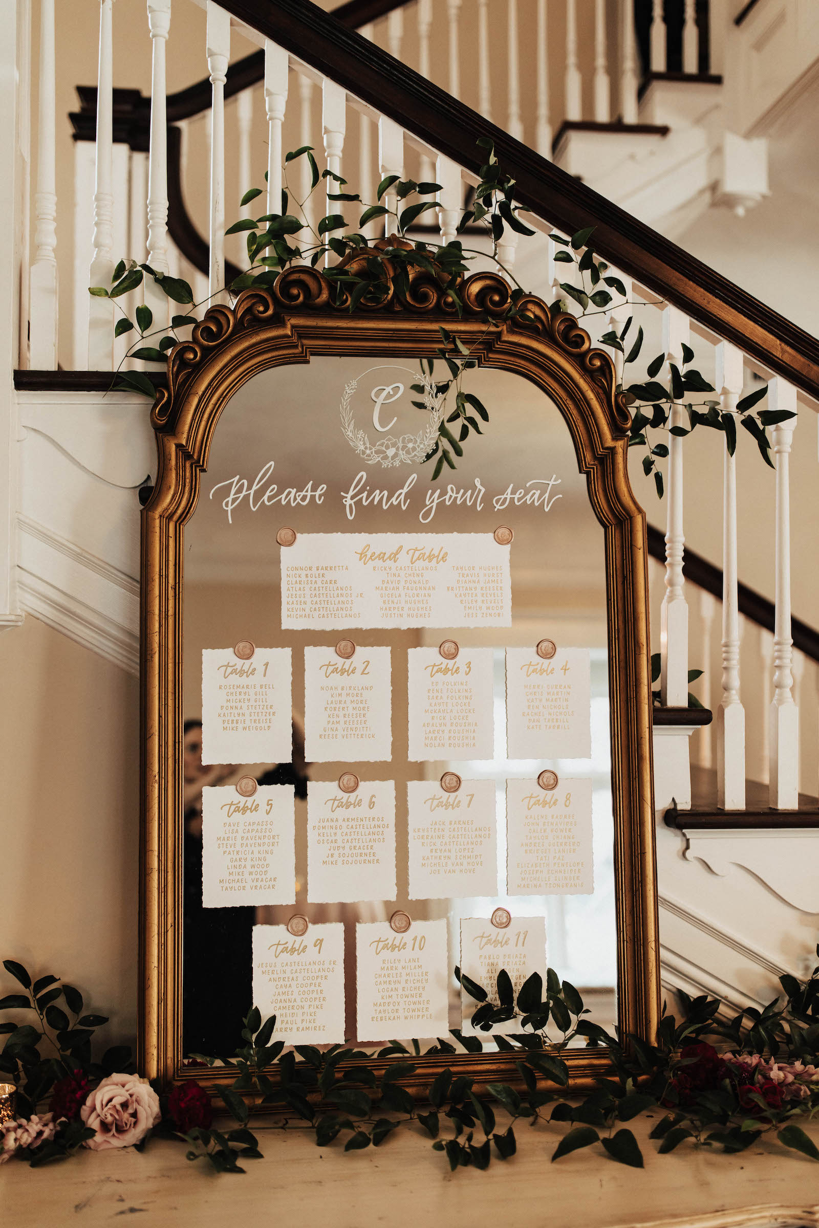 Warm Romantic Neutral Wedding Reception Decor, Gold Vintage Mirror Seating Chart with Greenery | Tampa Bay Wedding Planner Coastal Coordinating | Wedding Rentals Kate Ryan Event Rentals