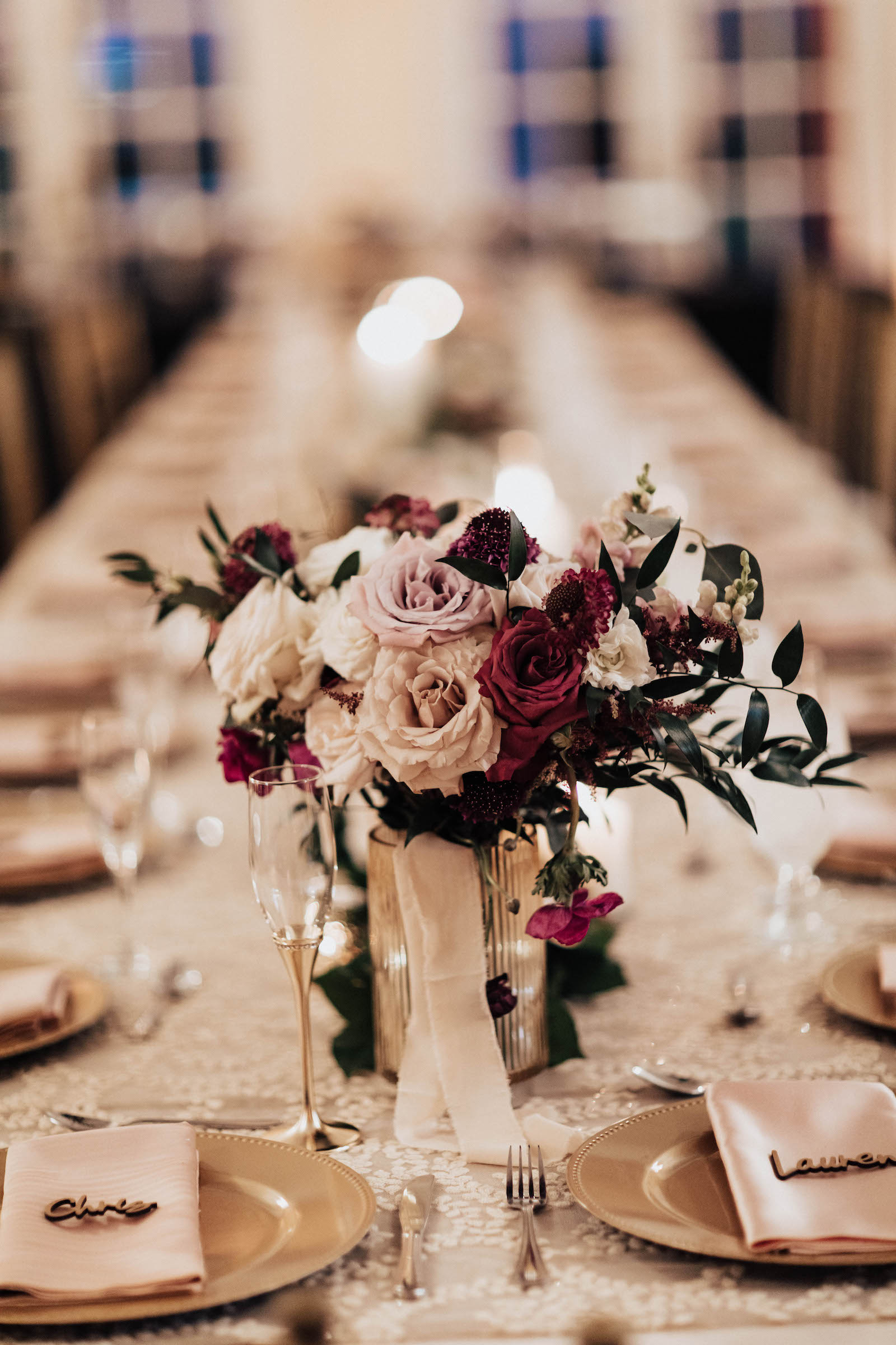 Warm Romantic Neutral Wedding Reception Decor, Blush Pink, White and Berry Colored Roses with Greenery Small Floral Centerpiece | Tampa Bay Wedding Planner Coastal Coordinating