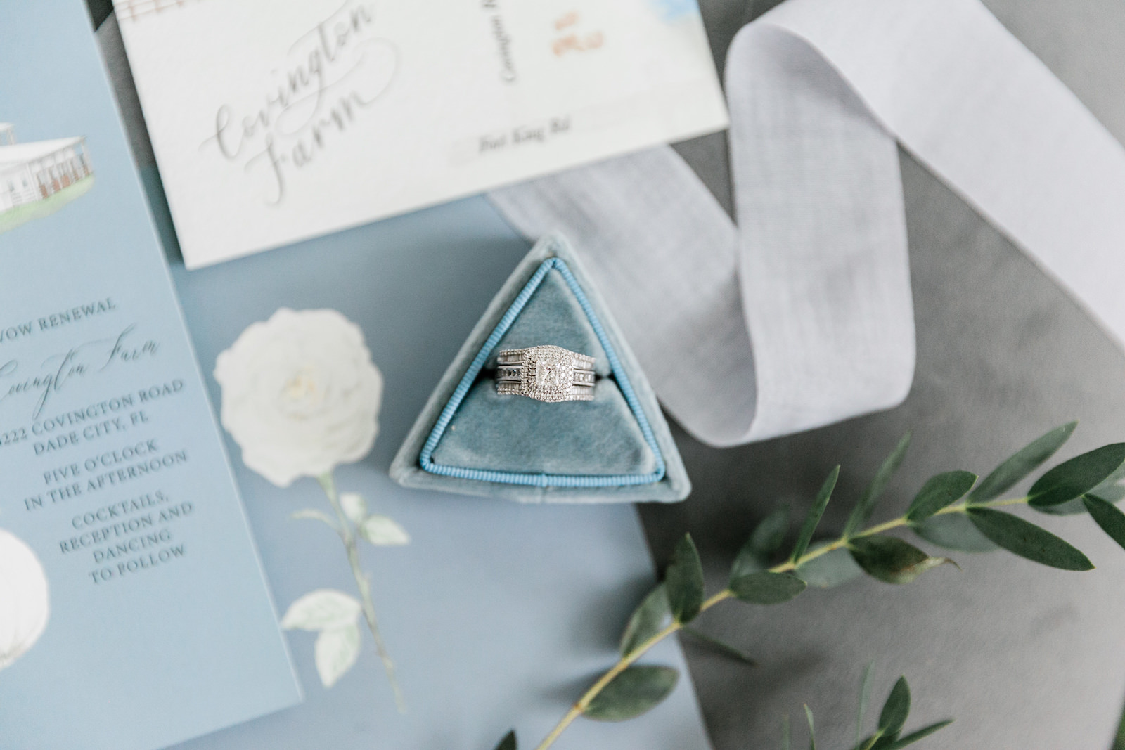 Diamond Engagement Ring with Diamond Band and Wedding Band in Dusty Blue Velvet Box