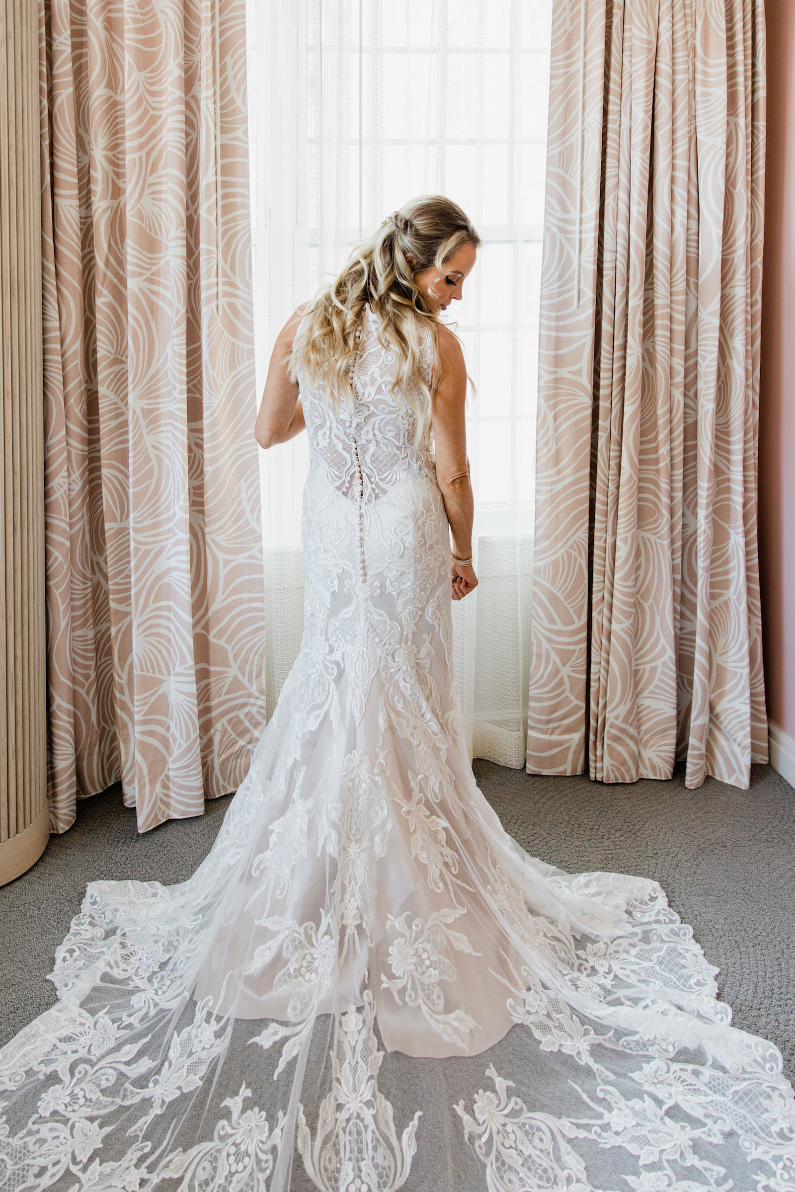 Florida Bride Wearing Lace and Illusion Elegant Wedding Dress | Tampa Bay Wedding Hair and Makeup Michele Renee the Studio