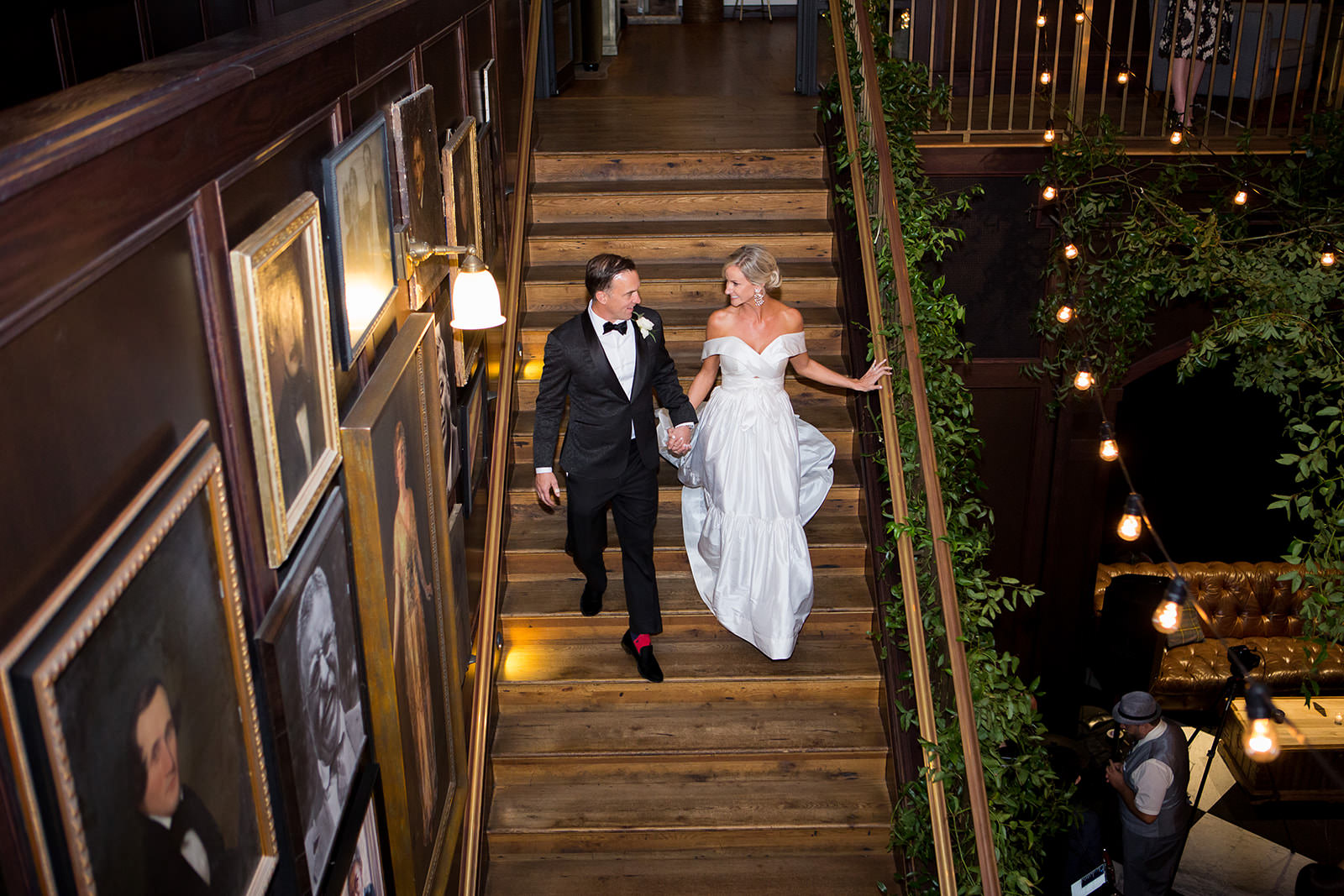 Classic Elegant Bride and Groom Walking Down the Stairs at Wedding Venue Oxford Exchange