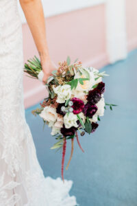 Elegant Navy Wedding, Bride Holding White and Blush Pink Roses, Purple Flowers, Red Hanging Amaranthus, Greenery Bouquet | Tampa Bay Wedding Florist Botanica