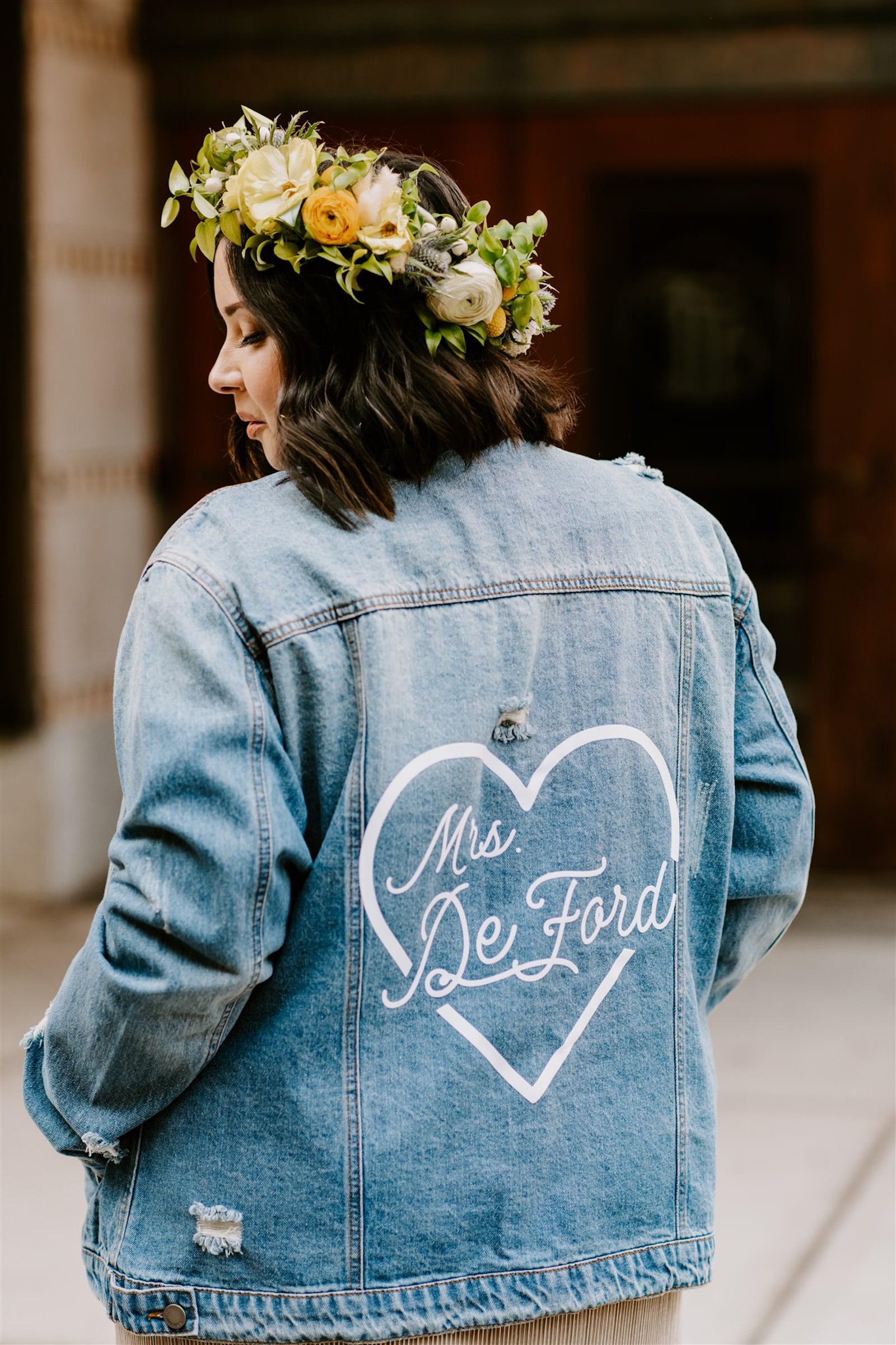 Bride in Custom Mrs. Jean Jacket Wedding Portrait with Floral Crown | Tampa Florida Wedding Photographer Regina as the Photographer