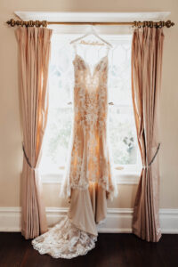 Warm Romantic Neutral Wedding, Lace and Illusion with Nude Lining Wedding Dress