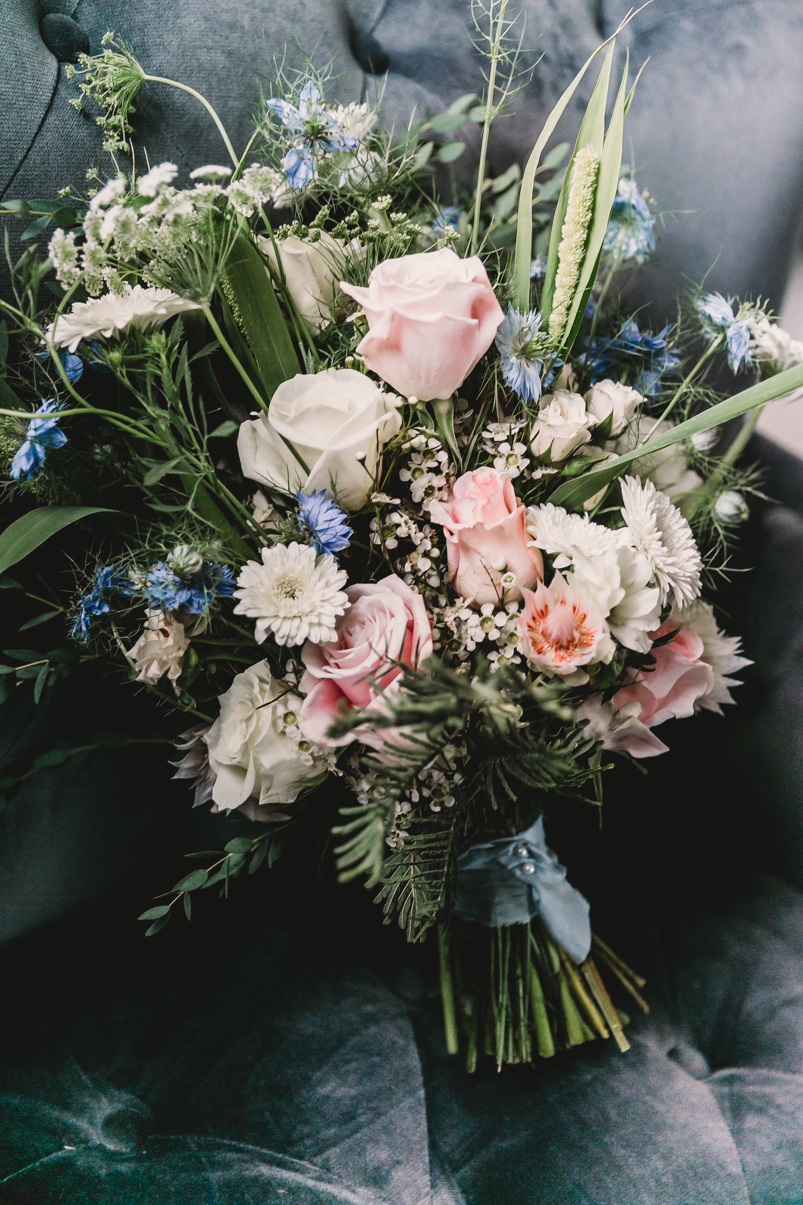 Blush Dusty Blue and White Bridal Bouquet with Greenery