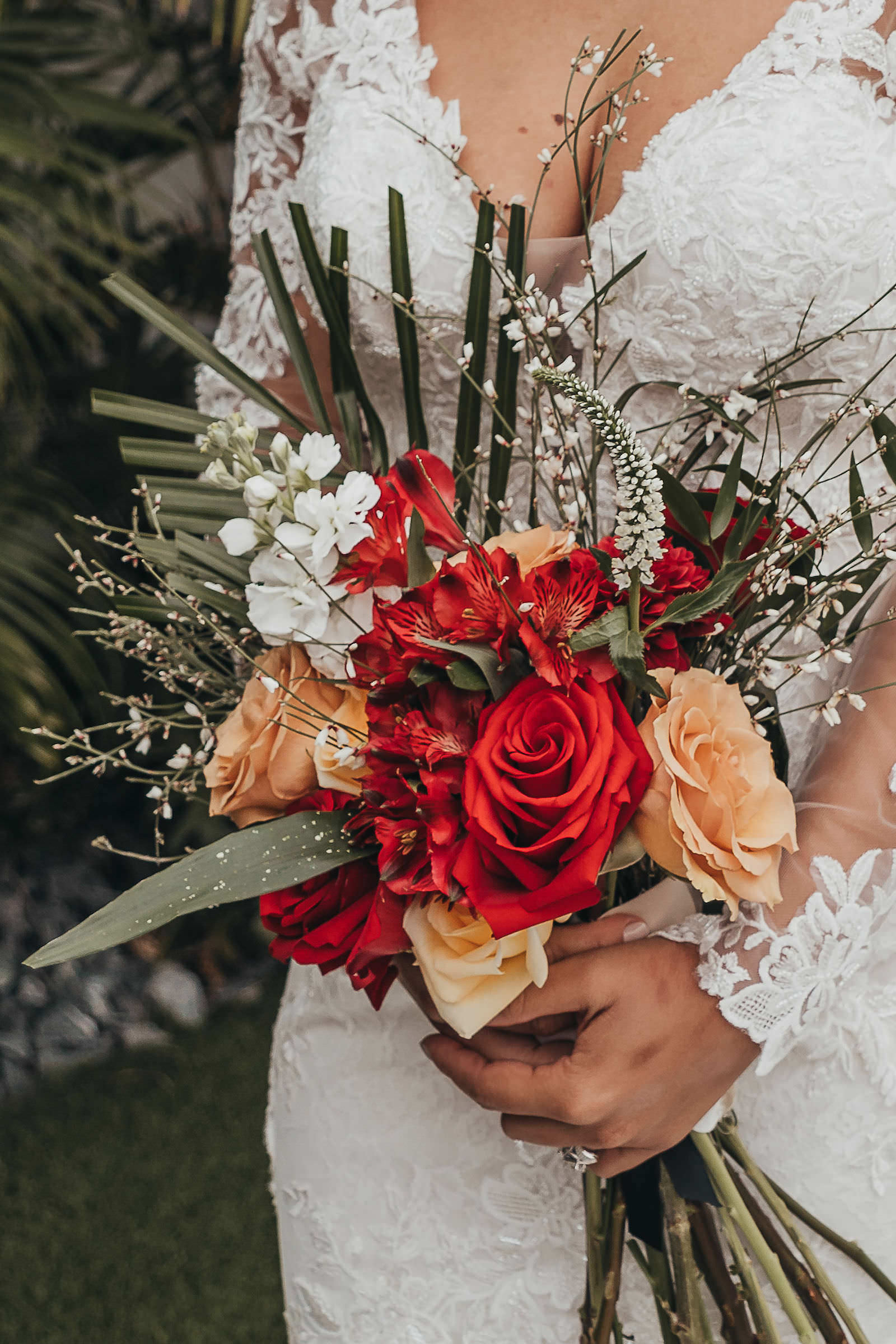 Red and Orange Roses with Greenery and Baby's Breath Bridal Bouquet