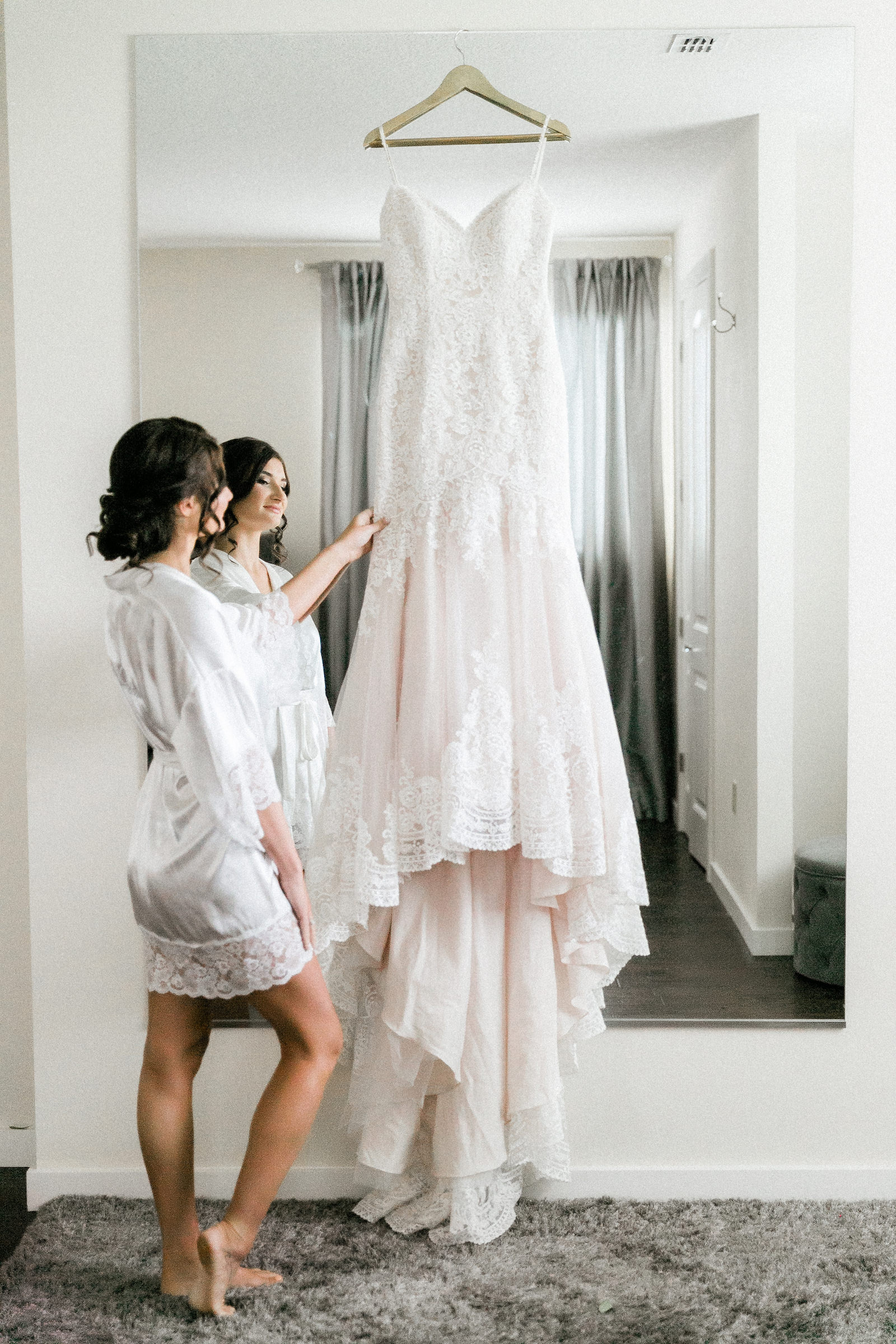 Bride Getting Ready with Bridesmaids in White Robe Wedding Portrait