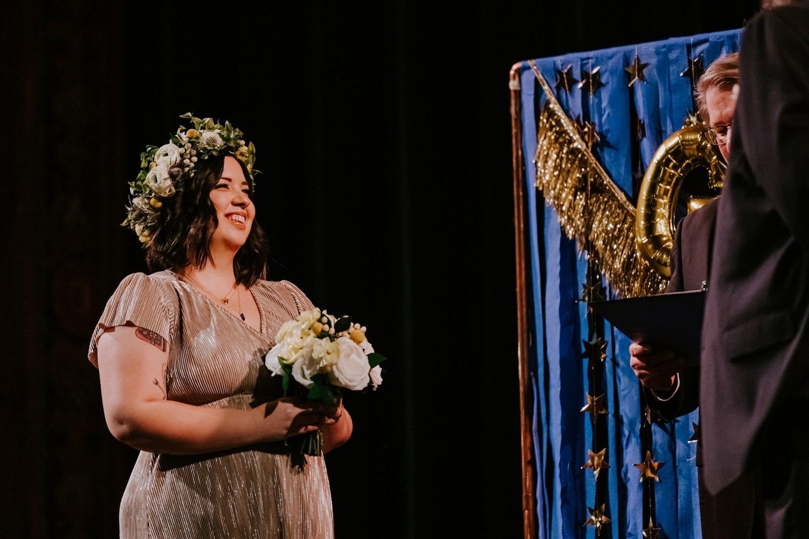 Bride and Groom Exchange Vows in Tampa Theatre | Florida Wedding Photographer Regina as the Photographer | Florida Florist Cotton & Magnolia