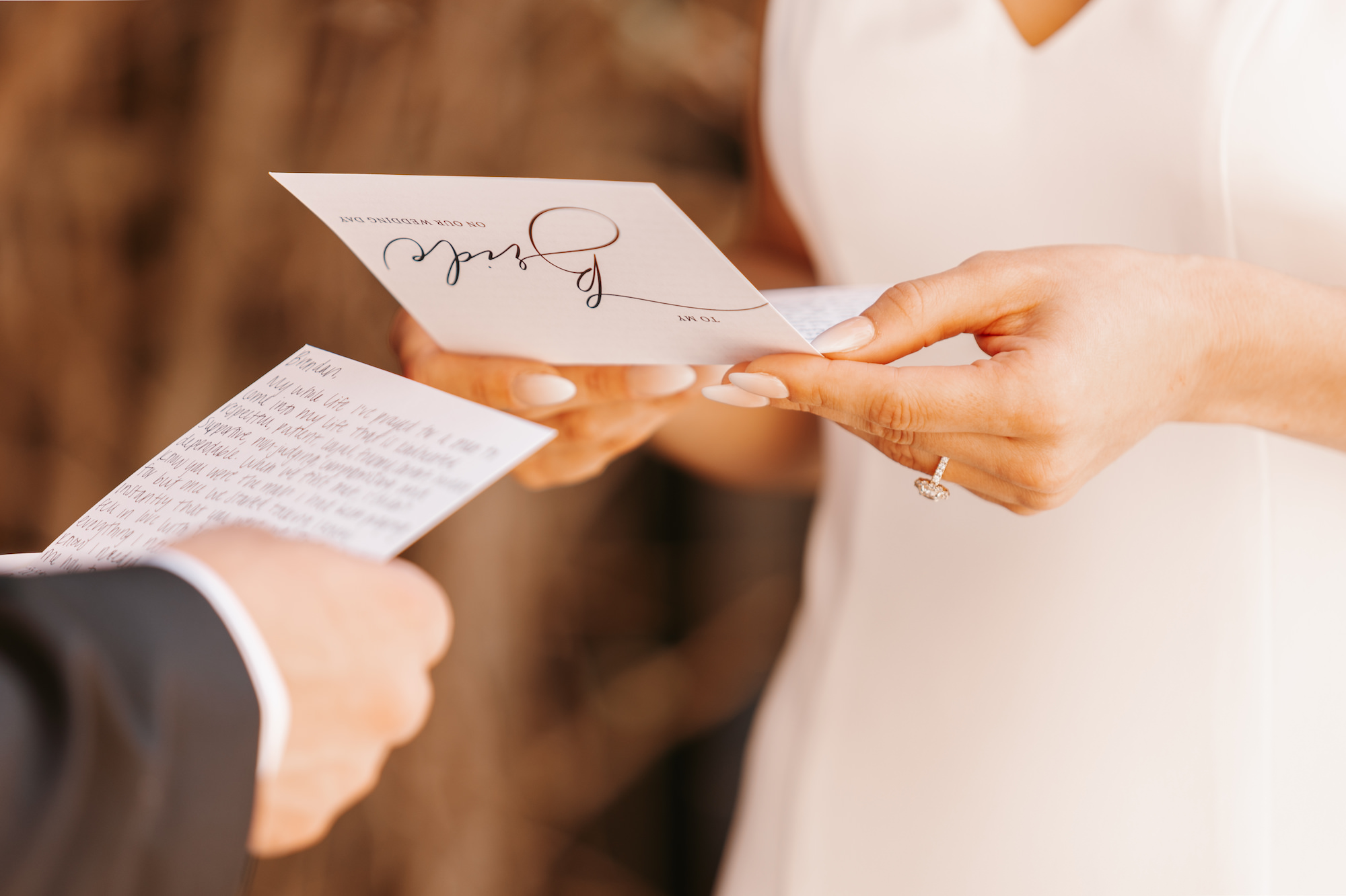 Bride and Groom Exchanging Personal Vows at First Look Wedding Portrait | Personal Vow Cards