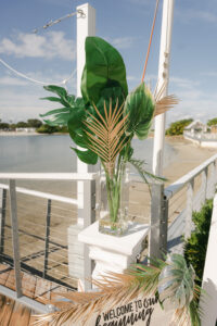 Tropical Modern Wedding Decor, Palm Tree Leaves and Gold Painted Palm Fronds in Glass Vase