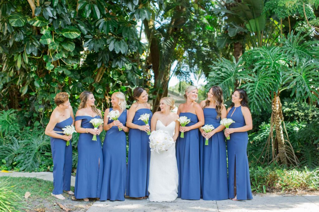 Timeless Classic Wedding, Bride with Bridesmaids Wearing Mix and Match Blue Dresses Holding White Tulip Floral Bouquets | Tampa Bay Wedding Florist Bruce Wayne Florals | Bridesmaid Dresses Bella Bridesmaids