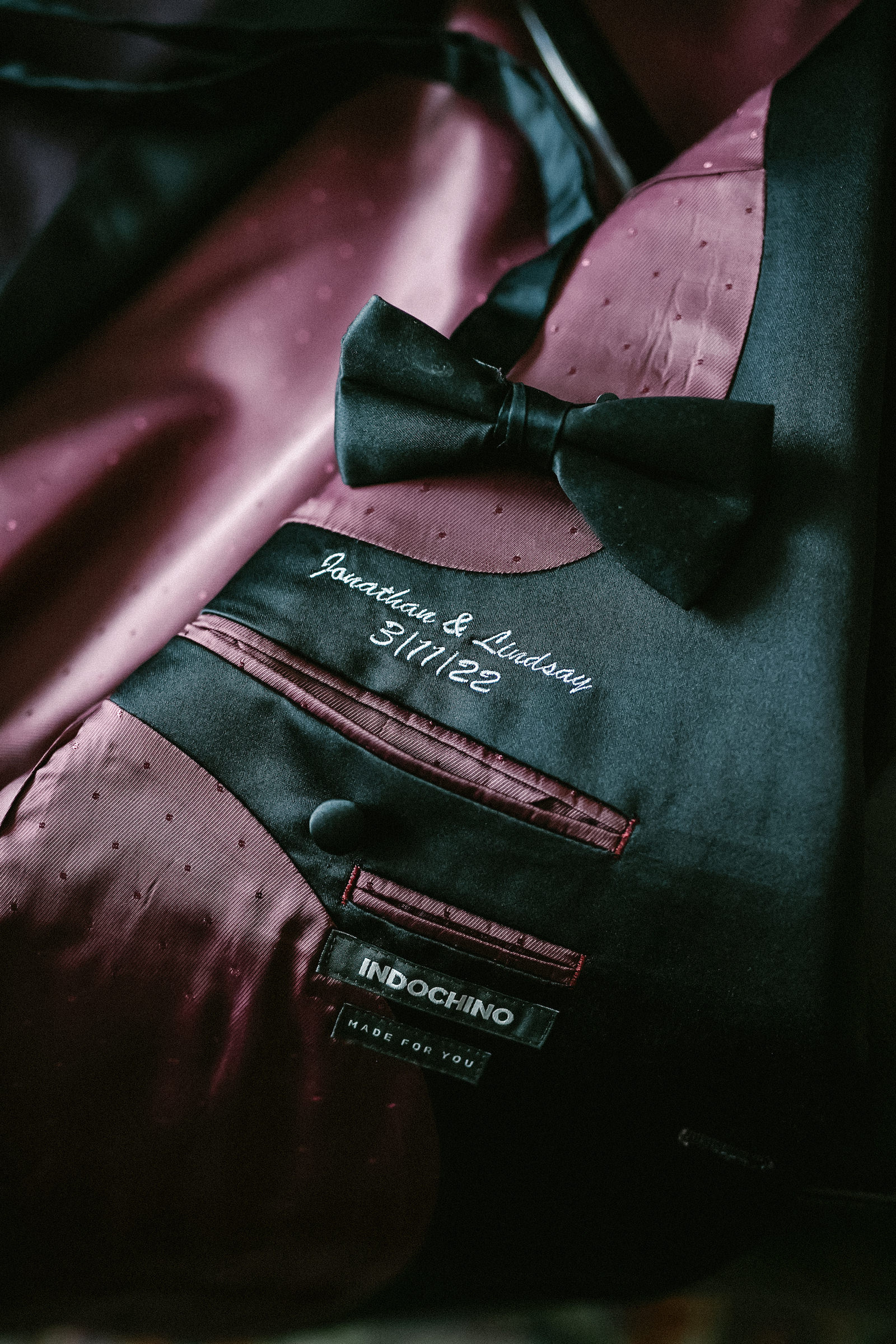 Burgundy Groom Suit with Black Bow Tie