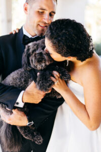 Modern Elegant Bride and Groom with Black Dog with Bowtie Collar | Tampa Bay Wedding Pet Planner FairyTail Pet Care