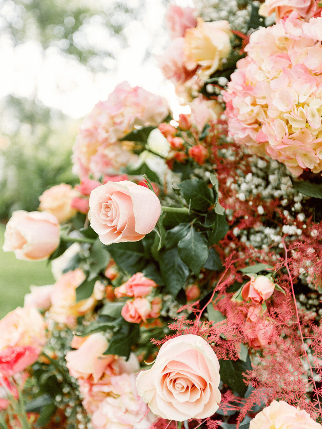 Fairytale Wedding Decor, Pink Roses and Hydrangeas Lush Altar Flowers | Tampa Bay Wedding Photographer Dewitt for Love | Wedding Florist Lemon Drops