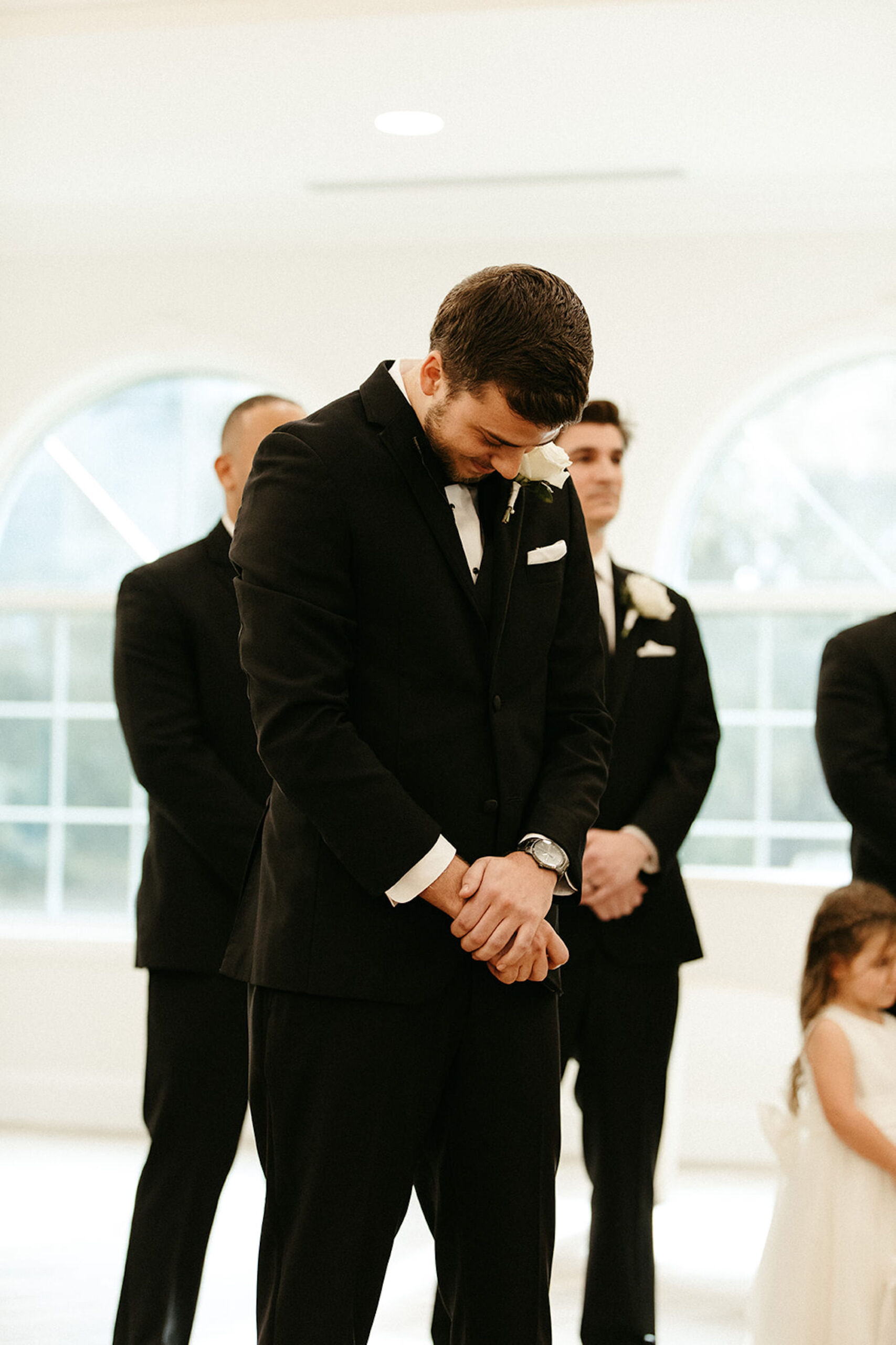 Groom Sees Bride for the First Time Walking Down the Aisle Wedding Portrait