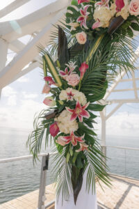 Tropical Waterfront Modern Wedding Ceremony Decor, Palm Fronds, Monstera Leaves, Pink and White Exotic Lily, Blush Pink Roses