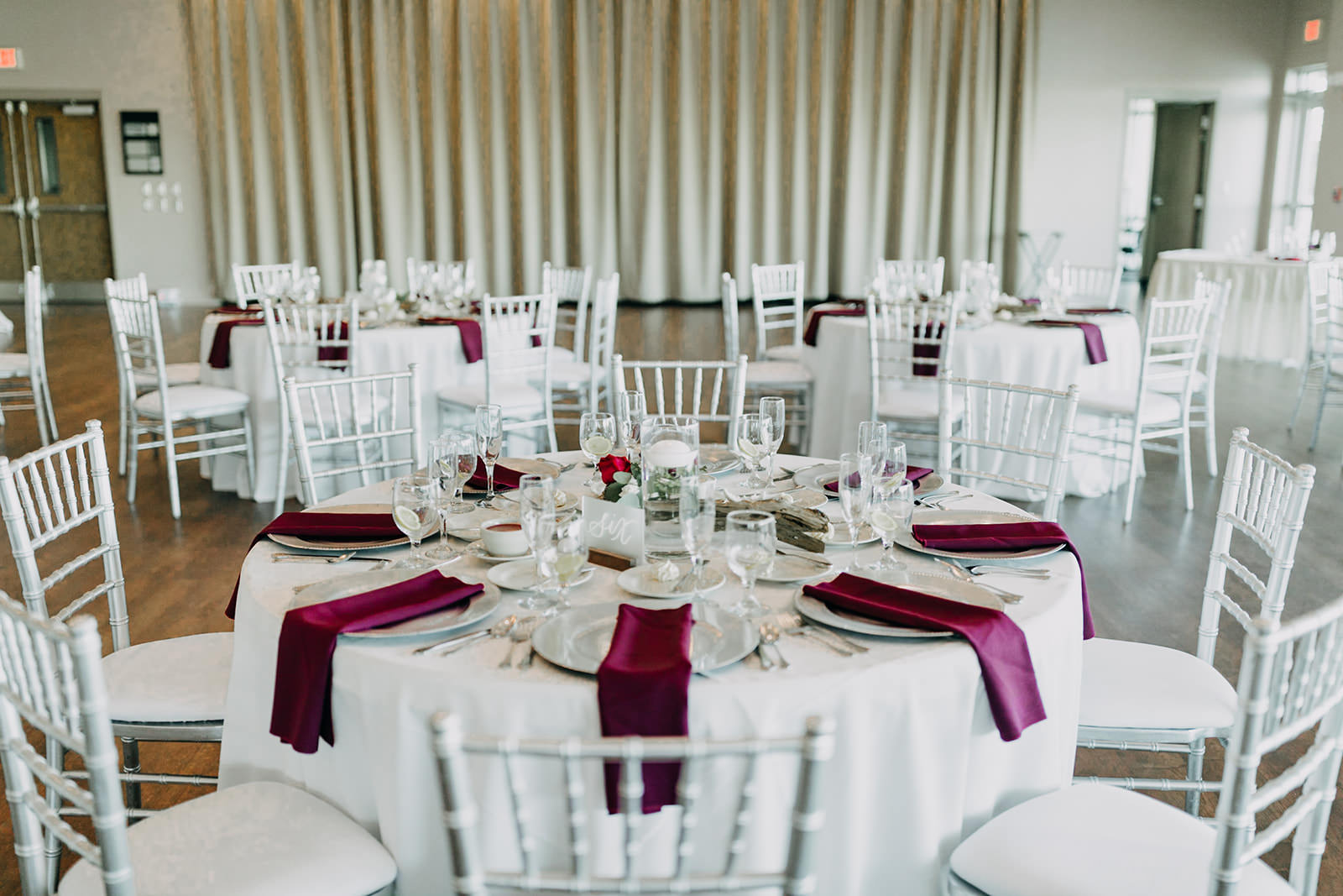 Classic White Wedding Reception with Burgundy Napkins | Tampa Wedding Rentals Gabro Event Rentals Services