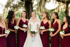 Bridesmaids in Wine Colored Dresses with Bride Wedding Portrait | Florida Wedding Photographer Joyelan Photography