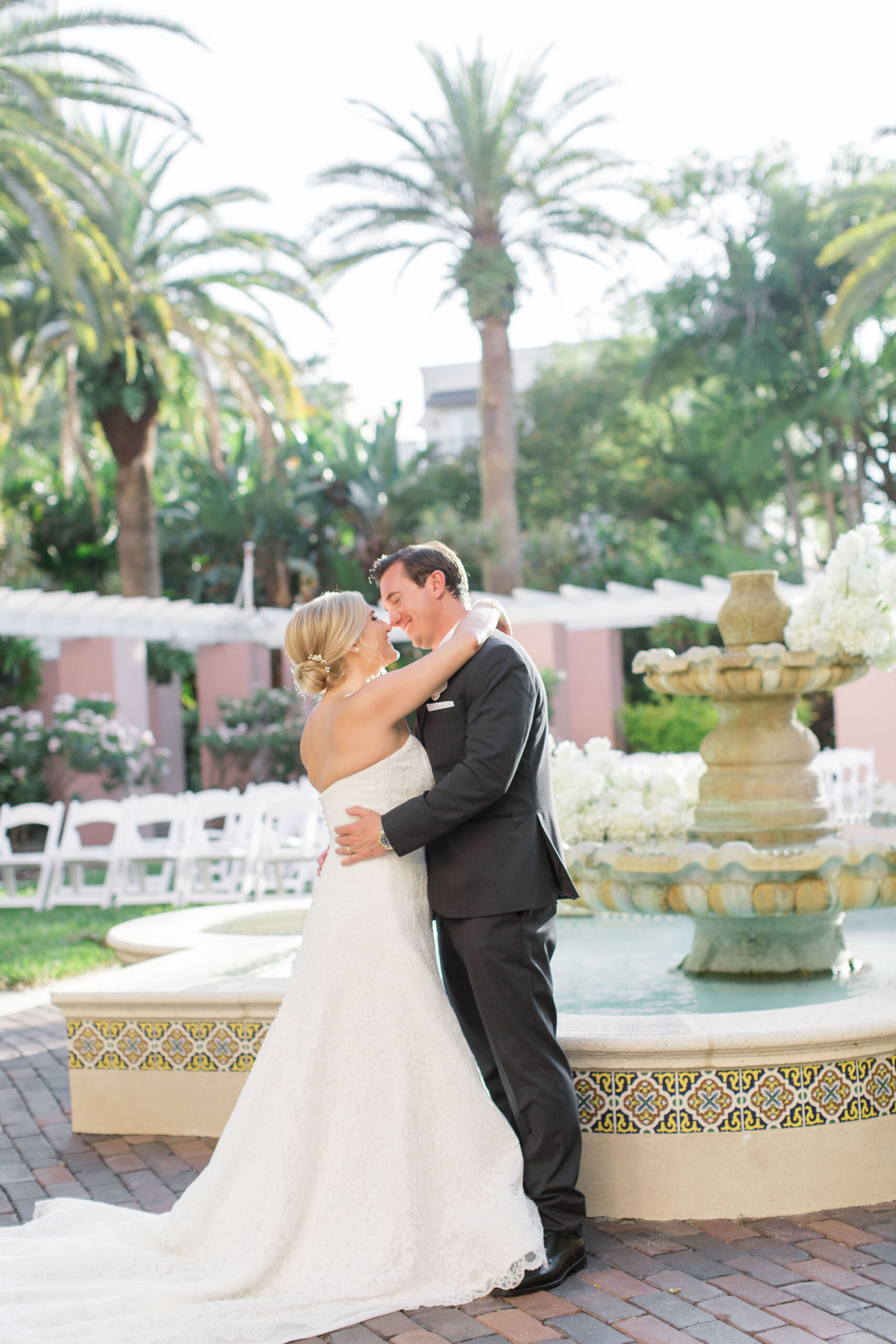 Classic Timeless Bride and Groom Wedding Portrait in Courtyard of St. Pete Wedding Venue The Vinoy Renaissance