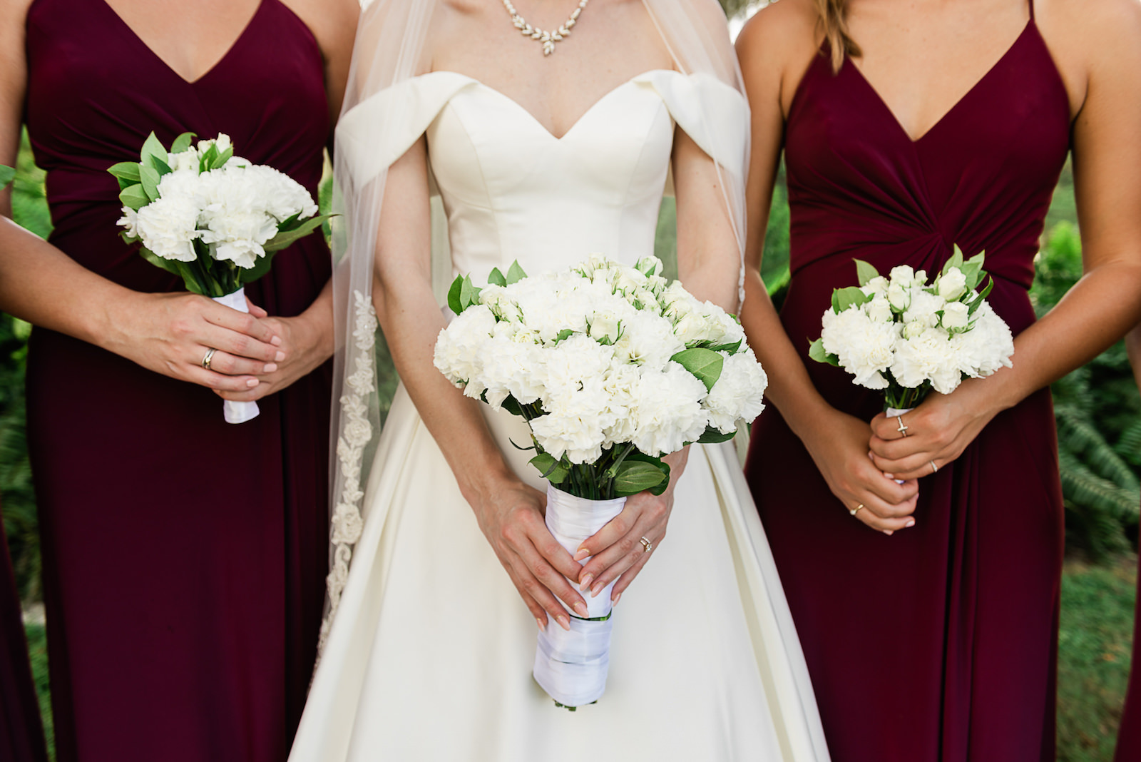 Bridesmaids in Wine Colored Dresses and White Bouquets with Bride Wedding Portrait | Florida Wedding Photographer Joyelan Photography
