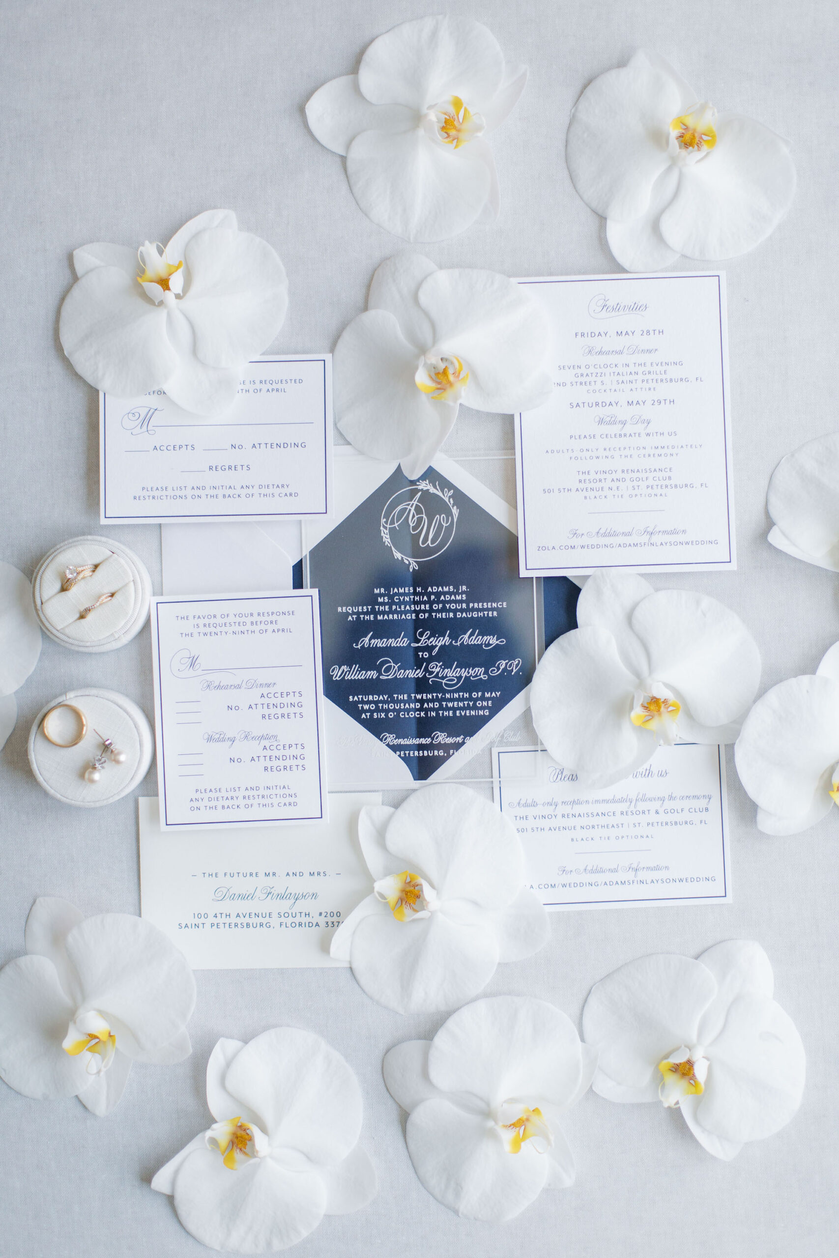 White Timeless Wedding, White Orchid Flowers, White and Blue Elegant Wedding Invitation Suite