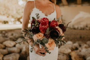 Boho Burgundy, Coral, and Purple Bridal Bouquet with Greenery