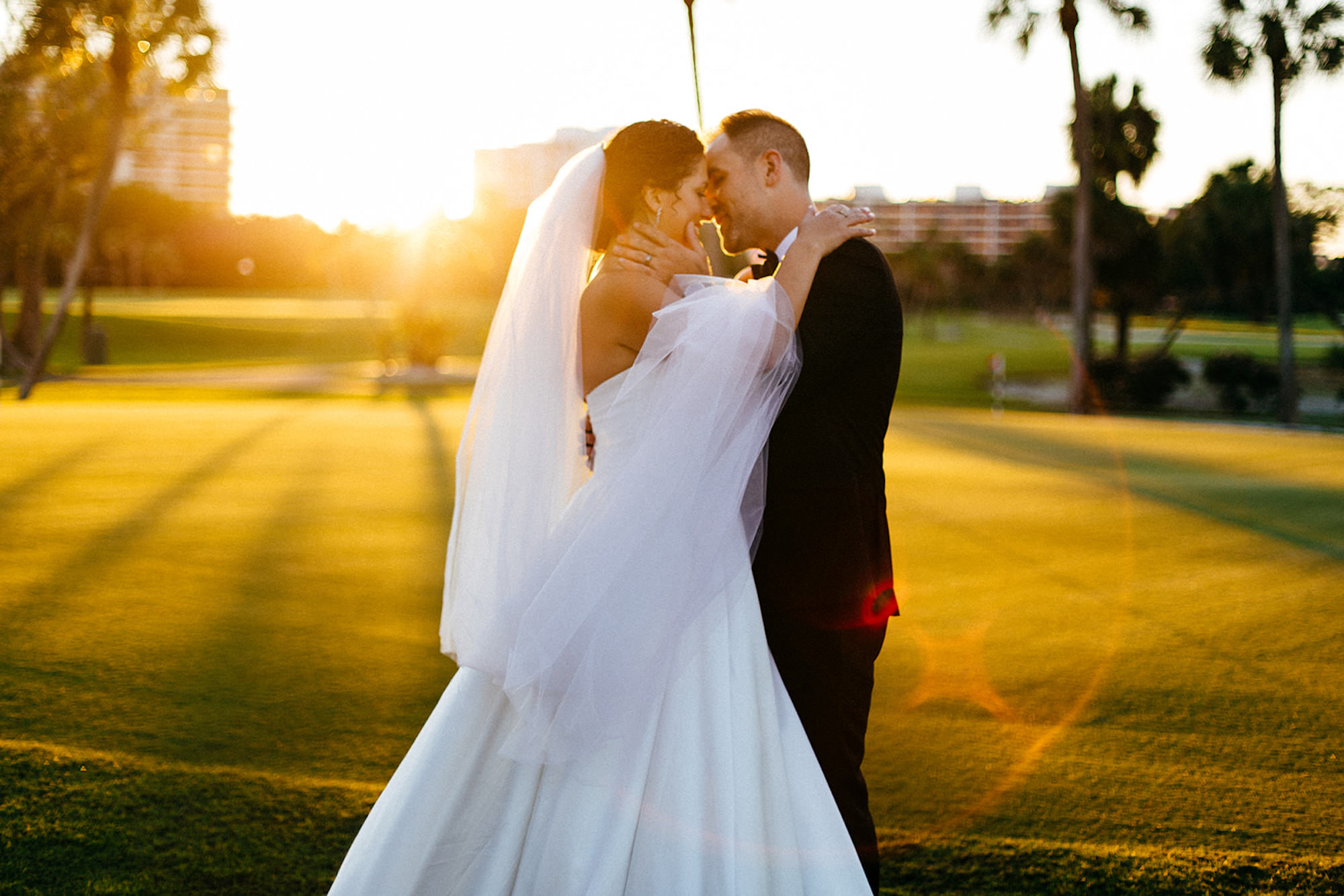 Romantic Sunset Bride and Groom Wedding Portrait on Golf Course | Tampa Bay Wedding Venue The Resort at Longboat Key Club
