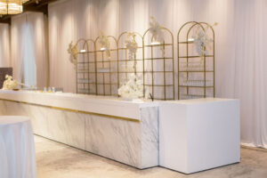 Timeless Classic Wedding Cocktail Hour, White and Gray Marble Bar, Gold Modern Rounded Stands with Champagne | Tampa Bay Wedding Planner Parties A'la Carte | St. Pete Wedding Venue The Vinoy Renaissance