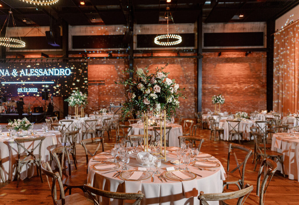 Tall Blush Pink Rose and Greenery and Gold Centerpiece | Spring Wedding Reception Inspiration | Tampa Wedding Armature Works The Gathering | Planner Coastal Coordinating