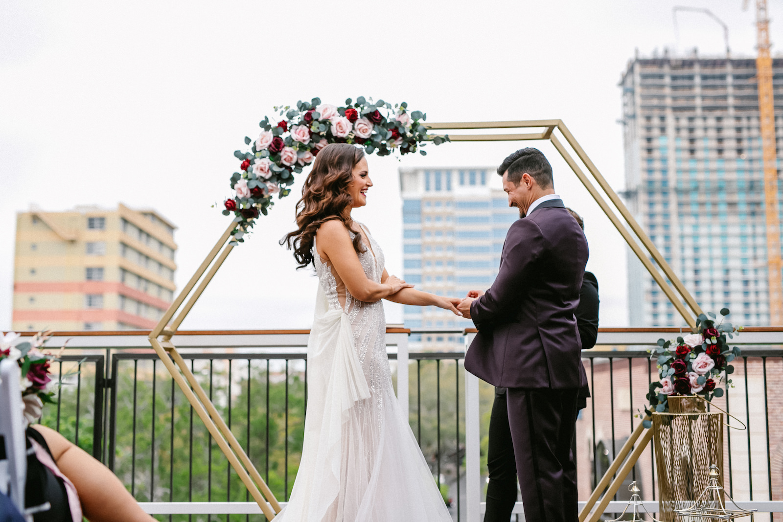 Bride and Groom Exchange Vows | Outdoor Rooftop Wedding Ceremony | St. Pete Florida Wedding Venue Red Mesa