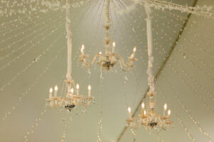 Modern Elegant Tent Wedding Reception Decor, Hanging Crystal Chandeliers and String Lights