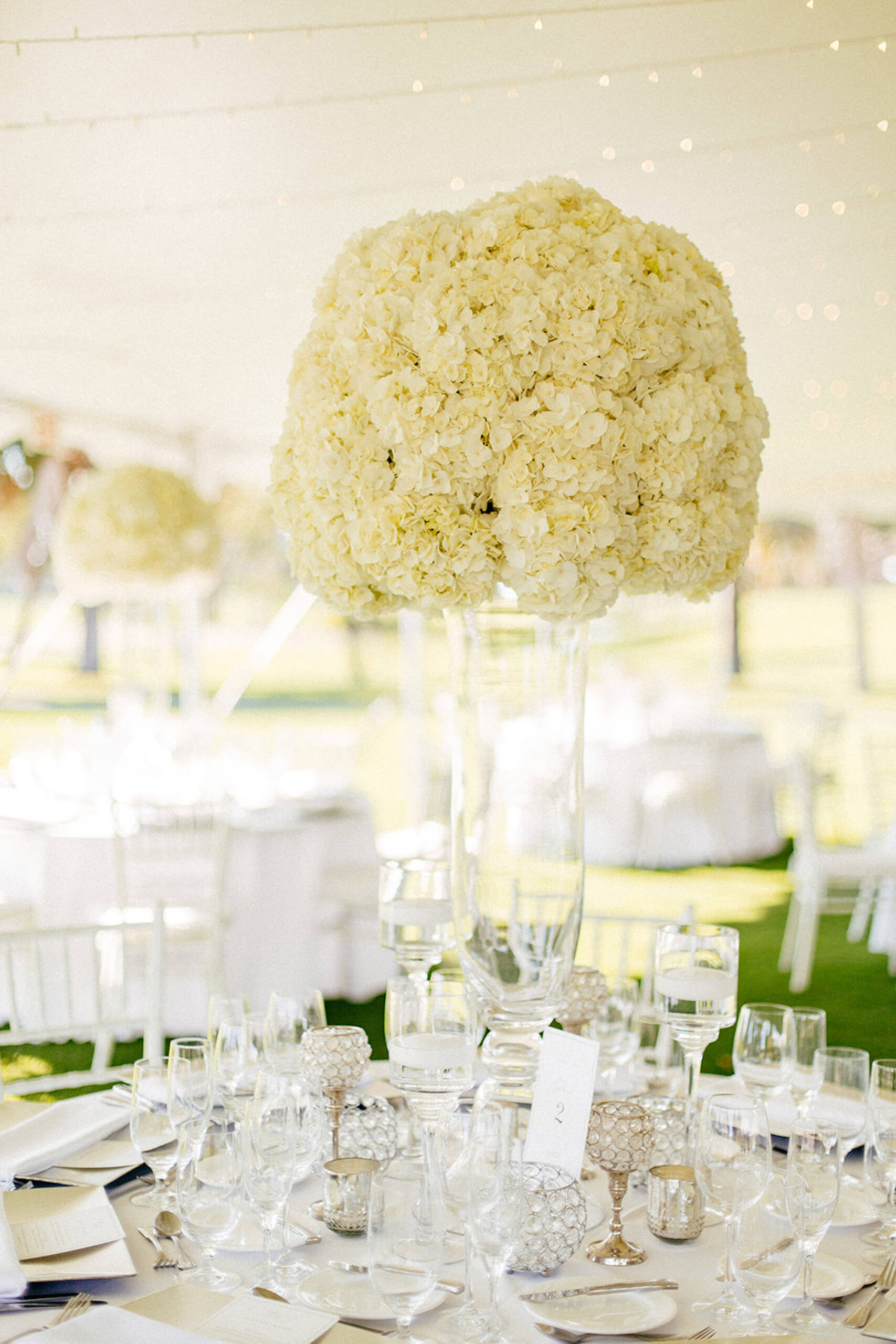 Modern Elegant Outdoor Tent Wedding Reception Decor, White Chiavari Chairs, Tall White Hydrangeas Floral Centerpieces, Hanging String Lights | Tampa Bay Wedding Venue The Resort at Longboat Key Club
