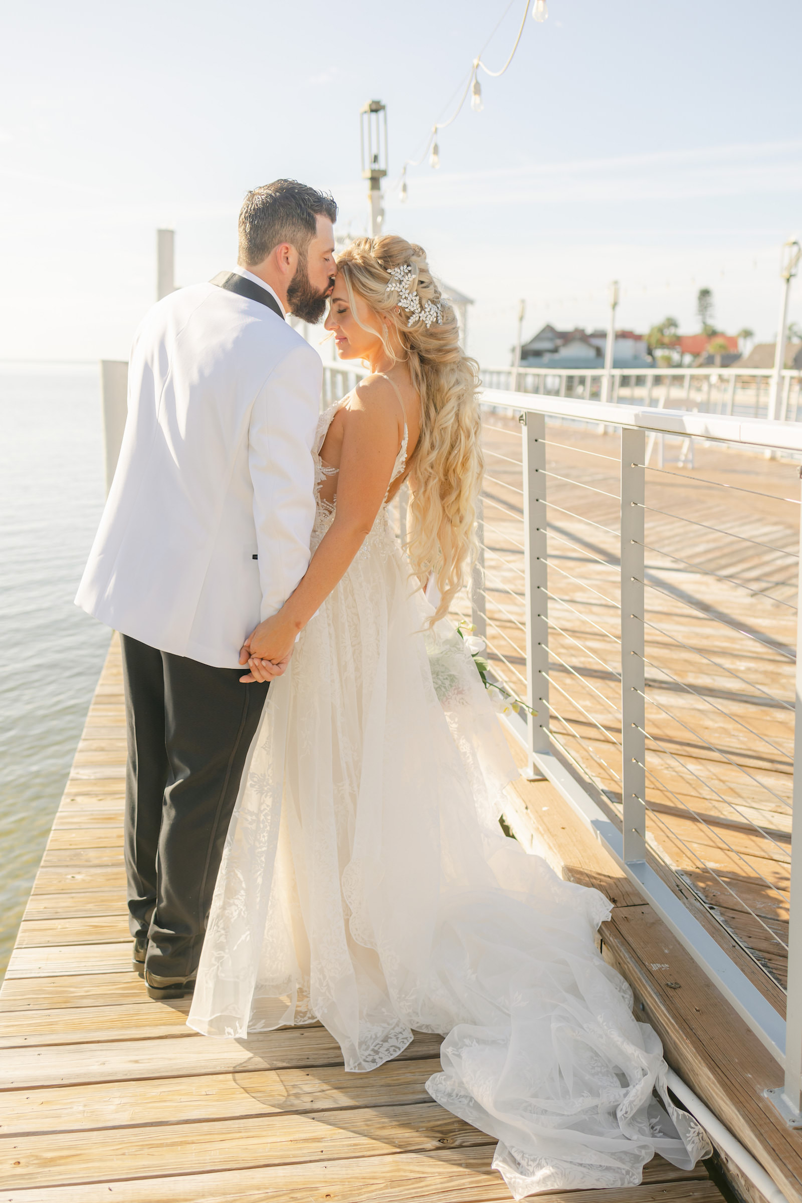 Florida Bride and Groom Sunset Wedding Portrait on Dock | Tampa Bay Wedding Venue The Godfrey