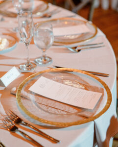 Gold Rim Glass Chargers with Printed Menu Card | Wedding Reception Table Setting Inspiration