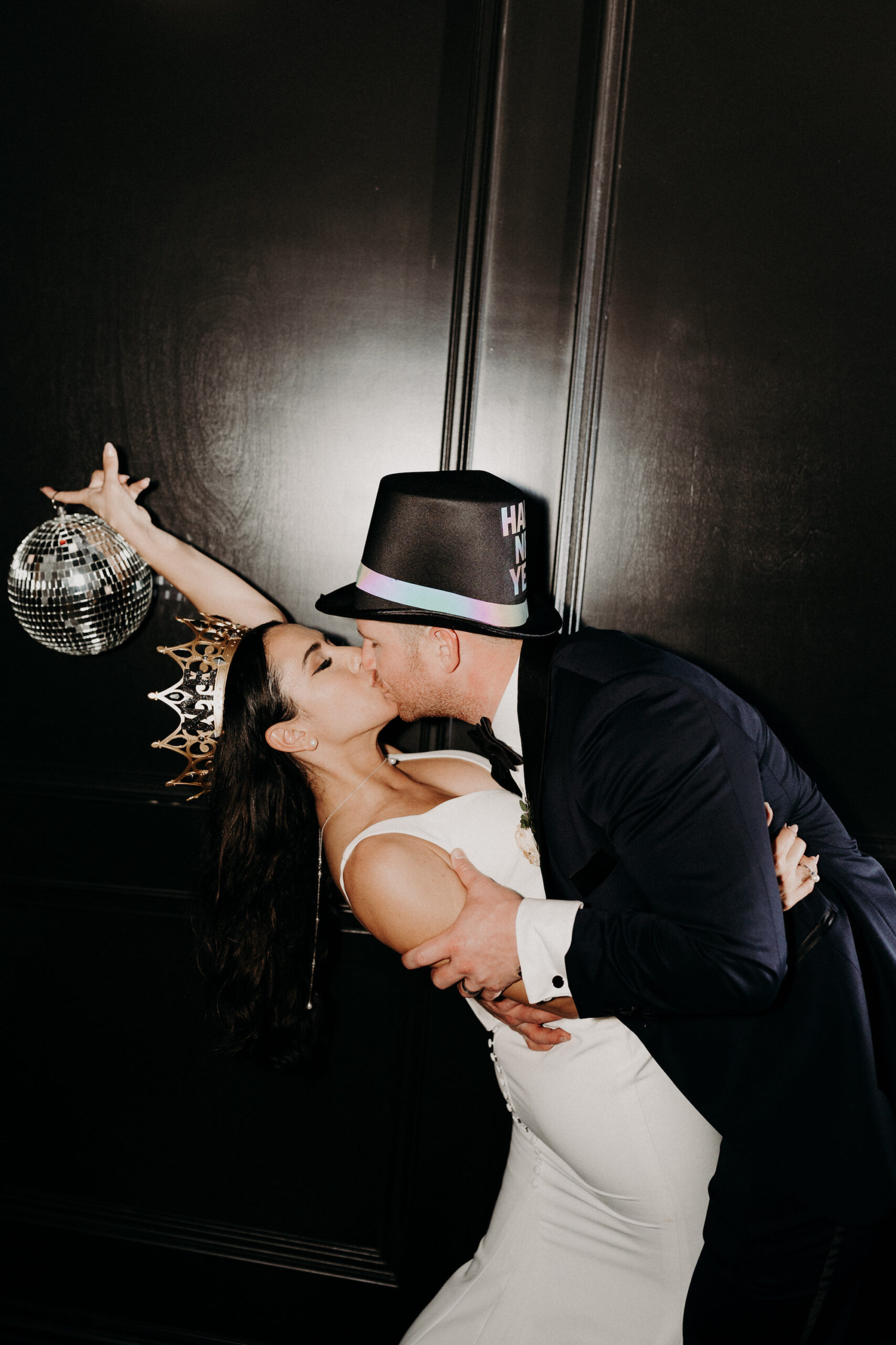 Bride and Groom New Years Eve Wedding Kiss Portrait