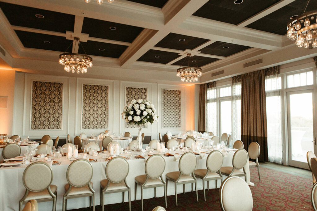 Classic White Wedding Reception with Gold Detailing on the Tablescapes | Wedding Reception The Birchwood in St. Petersburg