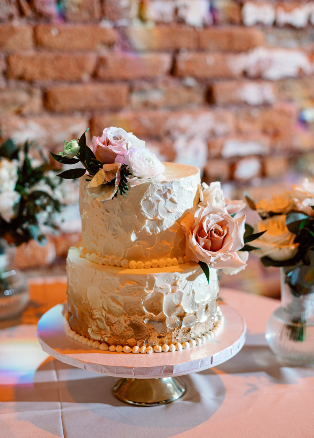 Two Tiered Round Buttercream Textured Wedding Cake with Blush Pink Roses | Tampa Wedding Cake The Artistic Whisk