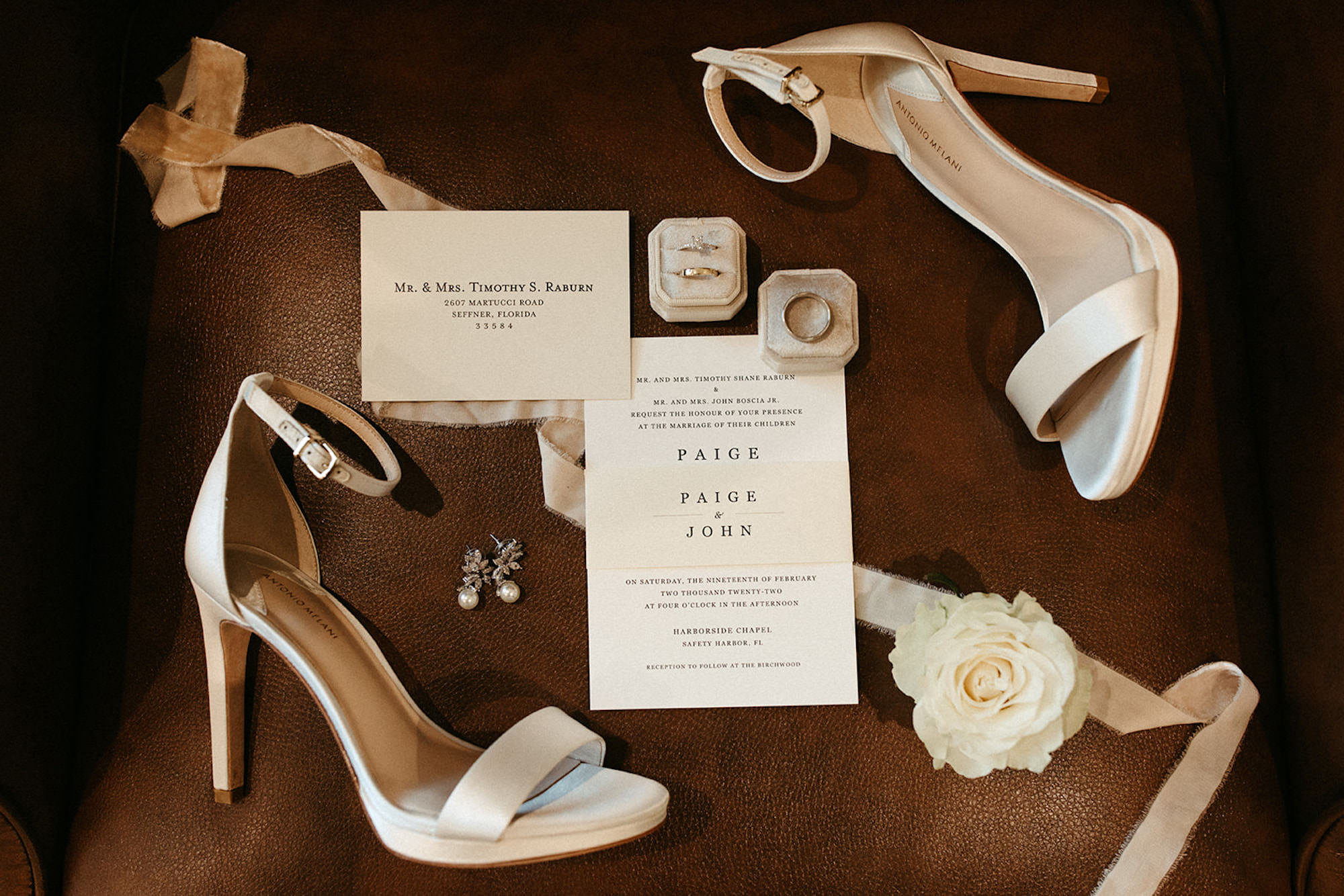 Open Toe Satin Heels with Classic Black and White Wedding Invitation