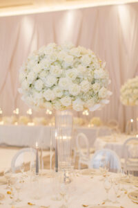 Timeless Classic Wedding Reception Ballroom Decor, Tall Glass Vases with White Roses and Orchids, Gold Silverware | Tampa Bay Wedding Planner Parties A'la Carte | St. Pete Wedding Venue The Vinoy Renaissance | Wedding Florist Bruce Wayne Florals