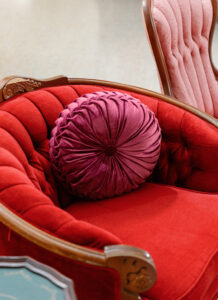 Fairytale Wedding Reception Decor, Antique Red Tufted Velvet Chair | Tampa Bay Wedding Photographer Dewitt for Love Photography